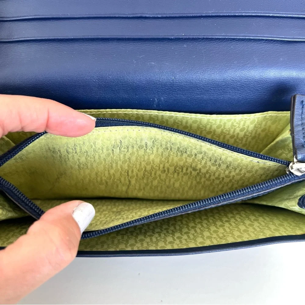 TOUS Navy Pebbled Genuine Leather Silver Bear Tous Logo Scarf and Flap Wallet